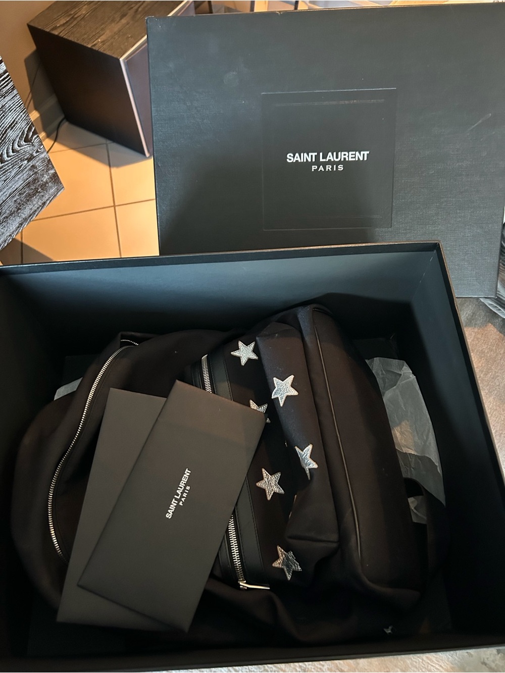Saint Laurent Black Backpack with Silver Star Accents